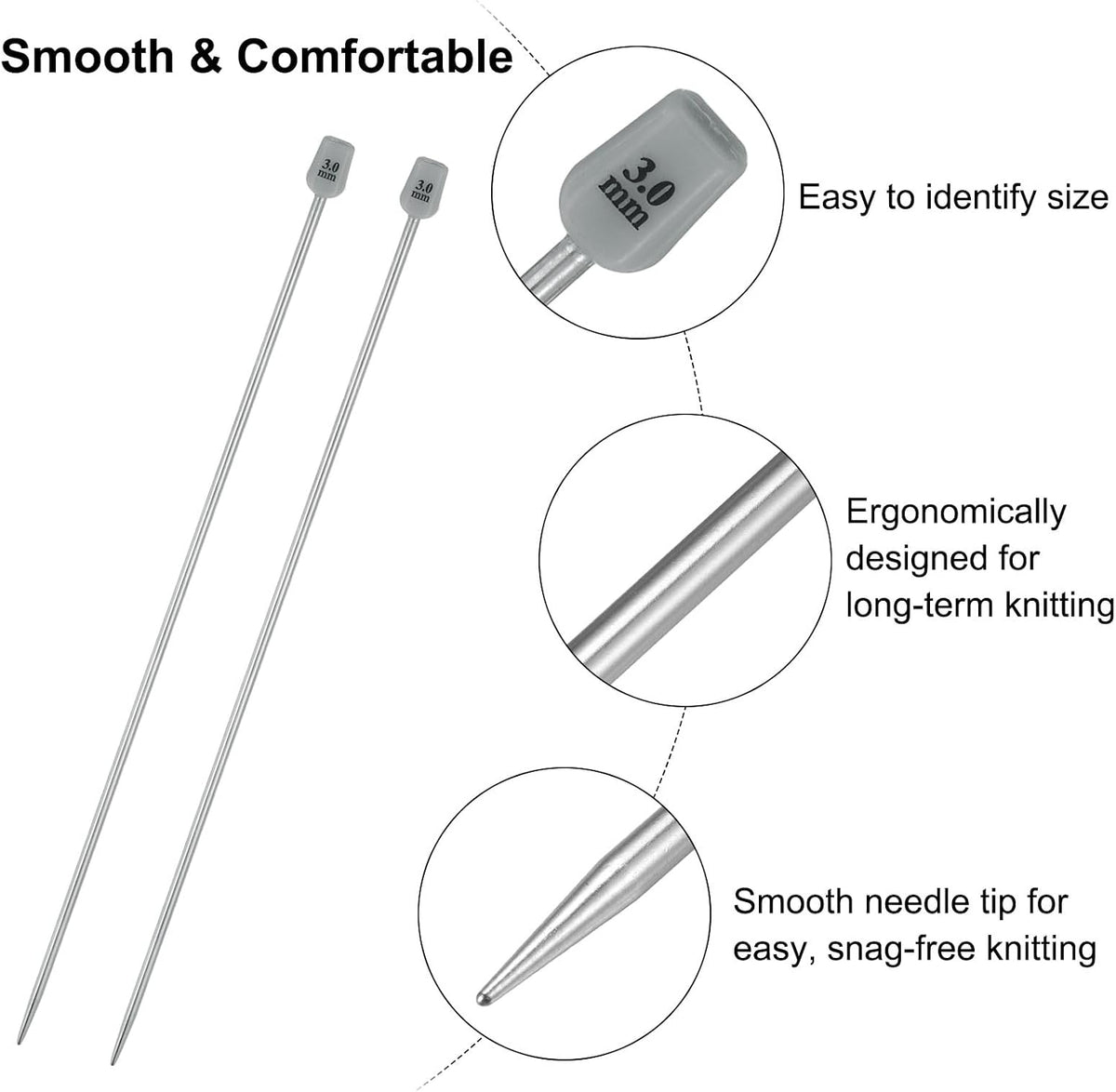 uxcell 2PCS 3mm/D Single Pointed Knitting Needles Stainless Steel