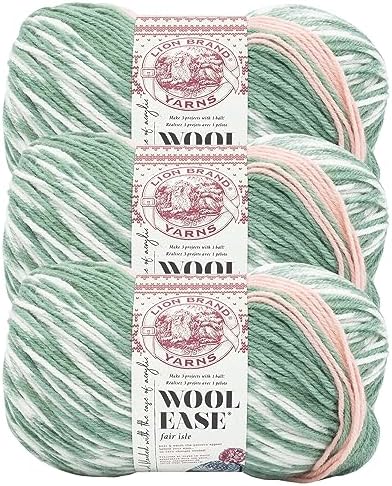 Lion Brand Yarn, Wool-Ease Fair Isle Yarn, Sage/Pink Salt, Multi