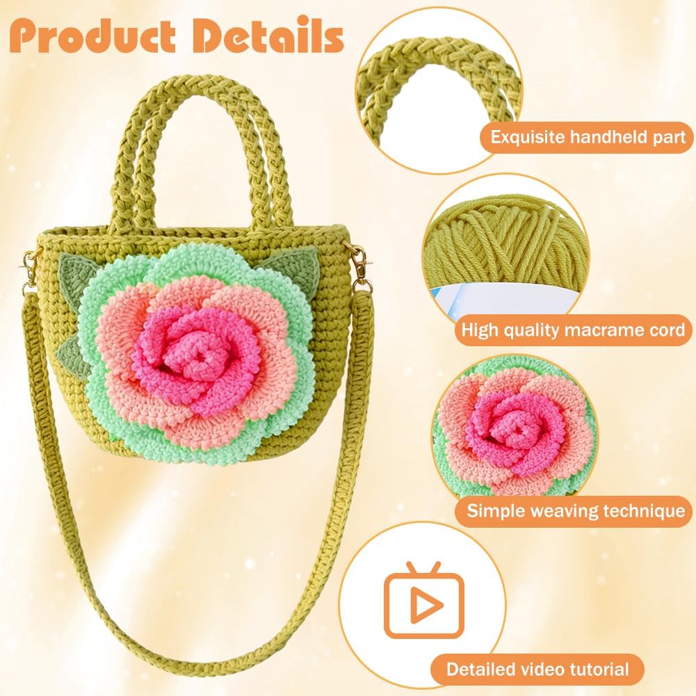 FREEBLOSS Crochet Bag Kit DIY Rose Crochet Tote Bag Set with