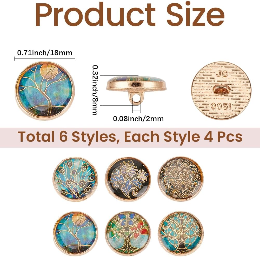 24Pcs 6 Styles Mixed Color Vintage Enamel Shank Flower Unique Button