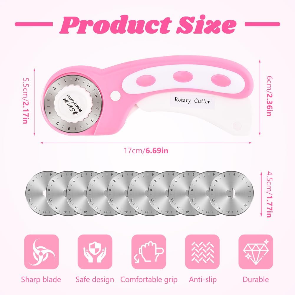 45mm Rotary Cutter for Fabric with 10pcs Replacement Blade, Ergonomic