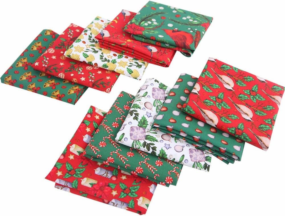 10PCS Christmas Cotton Fabric Bundles 20" x 20" Printed Fat Quarter