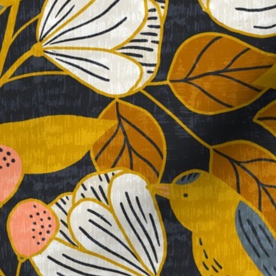 Spoonflower Fabric Dark Floral Mustard Gold on Essex Linen