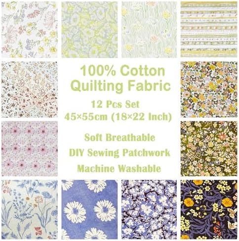 12 Pcs 100% Cotton Floral Fat Quarter Bundle, 18 x 22, 105GSM