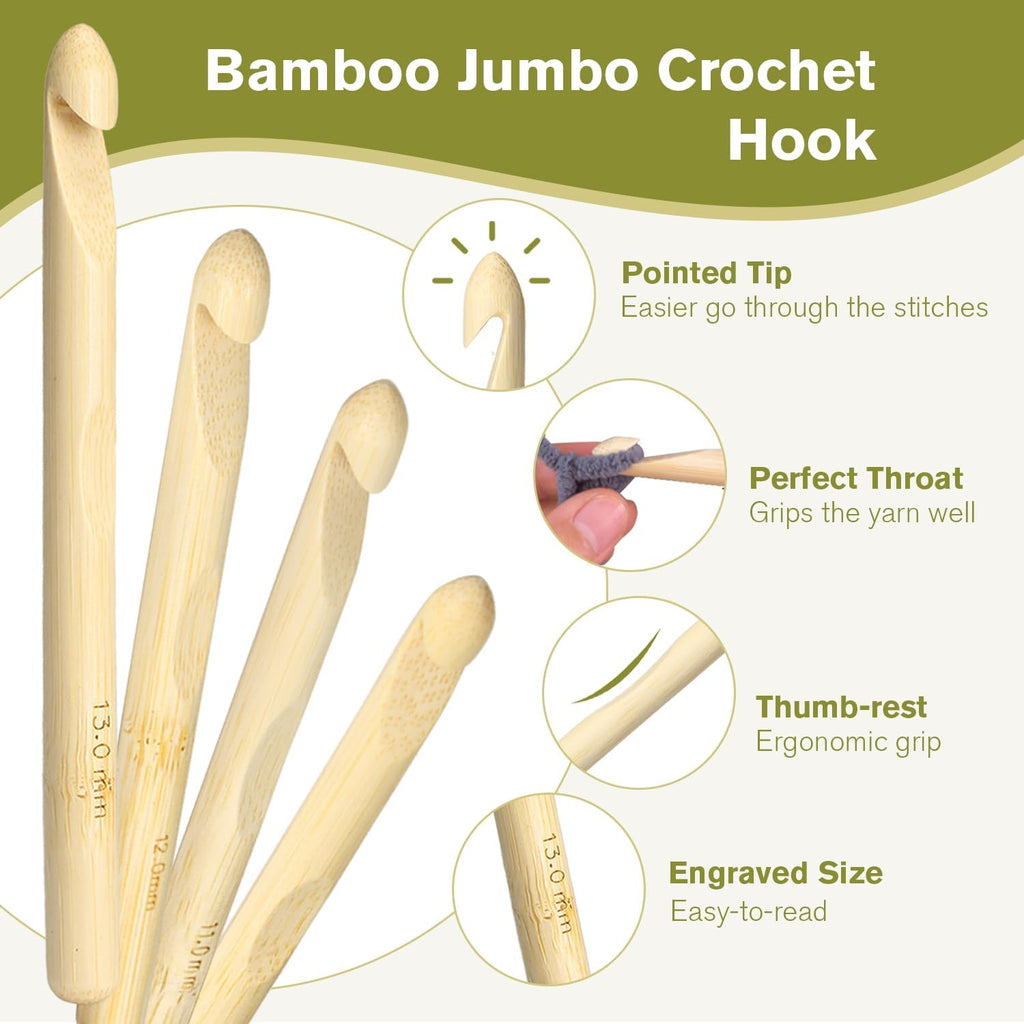 4Sizes Large Crochet Hooks 10mm,11mm,12mm,13mm, Bamboo Jumbo Crochet