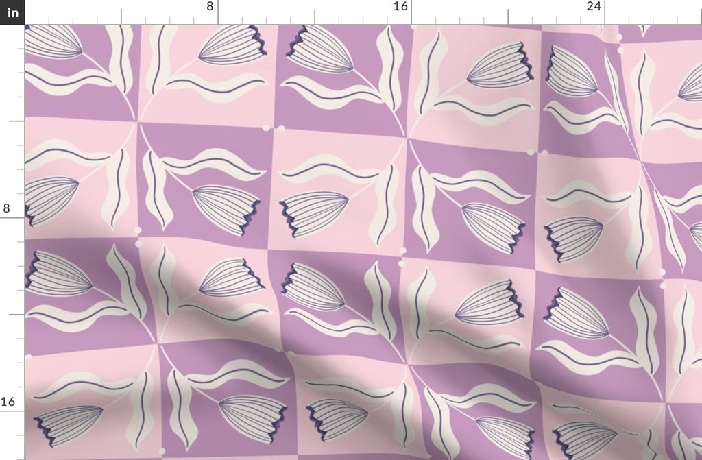 Spoonflower Fabric Modern Floral Check Pink on Essex Linen