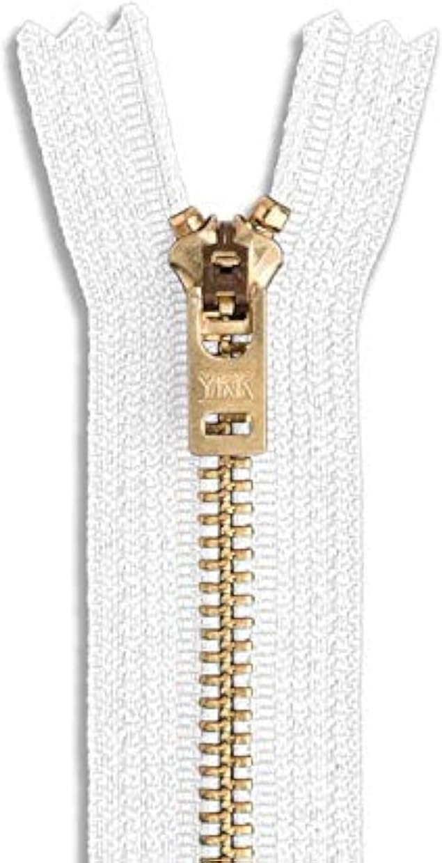 7 Inch White Metal Zipper with Gold Brass Teeth | Heavy Duty