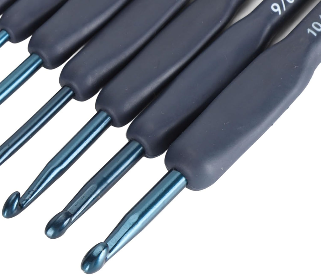 Soft Grip Crochet Hooks, 9pcs Blue Aluminum Ergonomic Knitting Set for