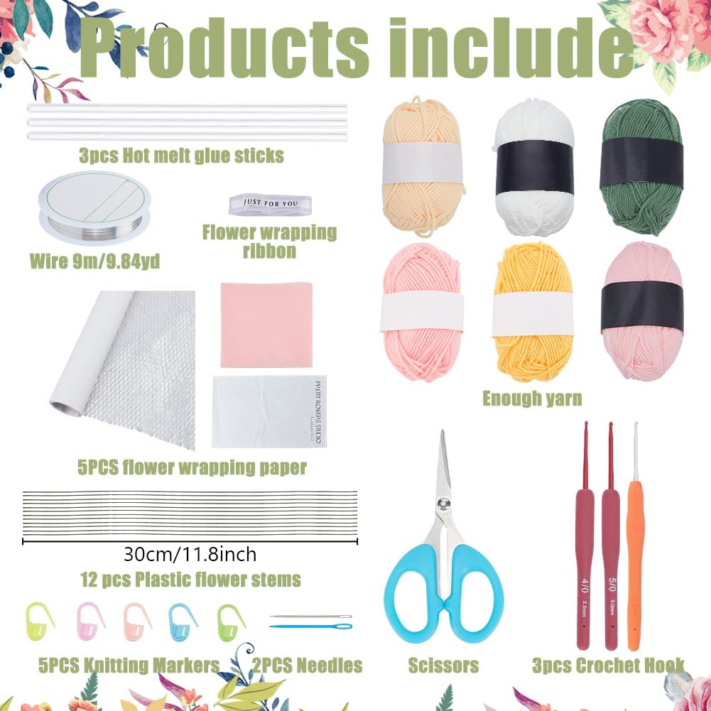 INFUNLY 12pcs/Set Crochet Flower Bouquet Kit Pink Tulip Handmade