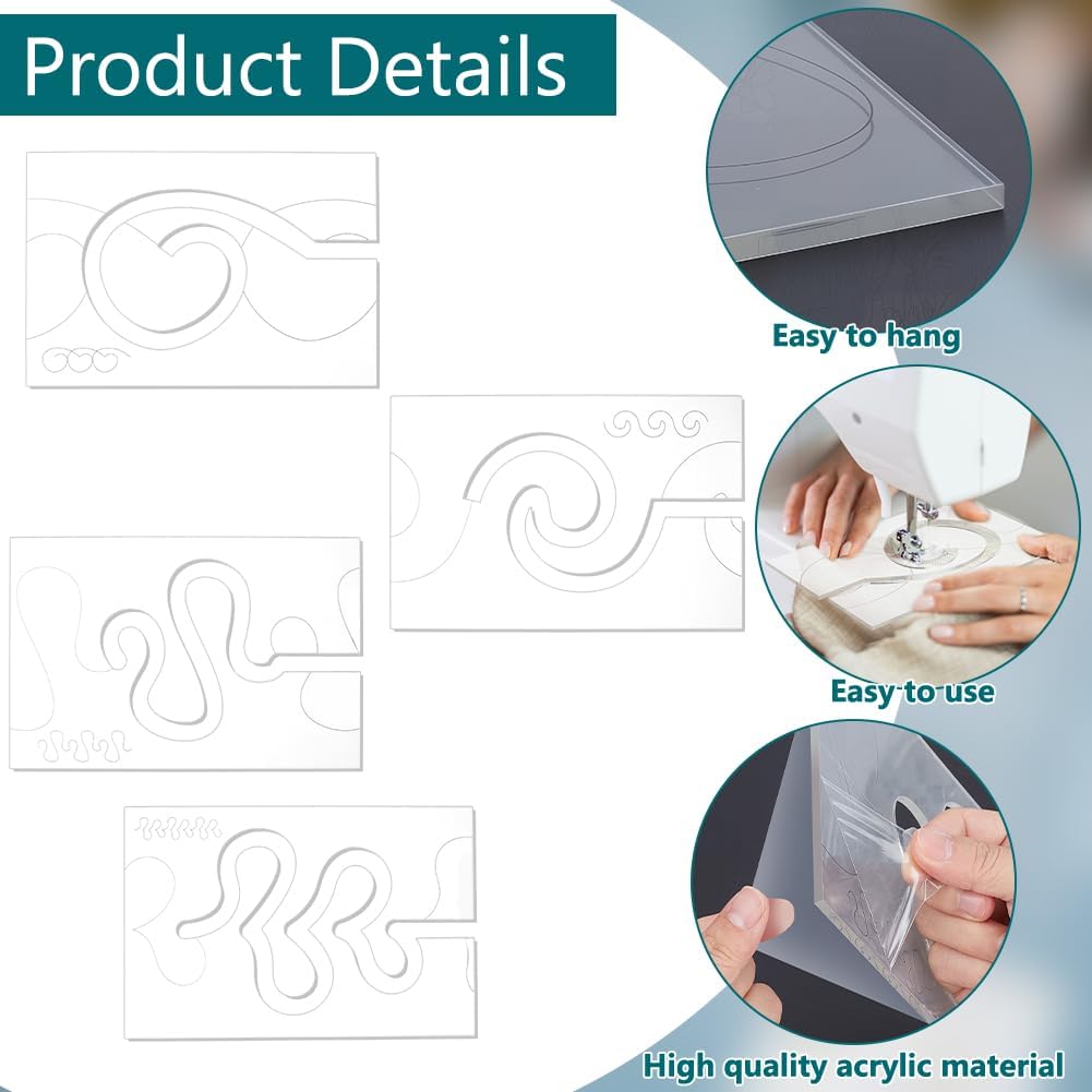 ORIGACH 4 Pcs Free Motion Quilting Templates with Non-Slip Grips