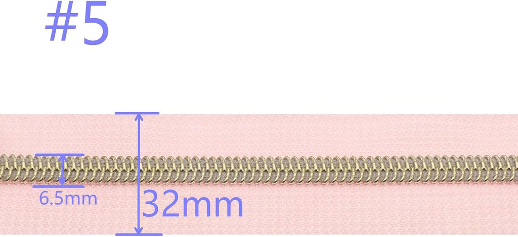 Leekayer #5 Nylon Zippers Bulk 5 Yards Light Gold Teeth Zipper Pink