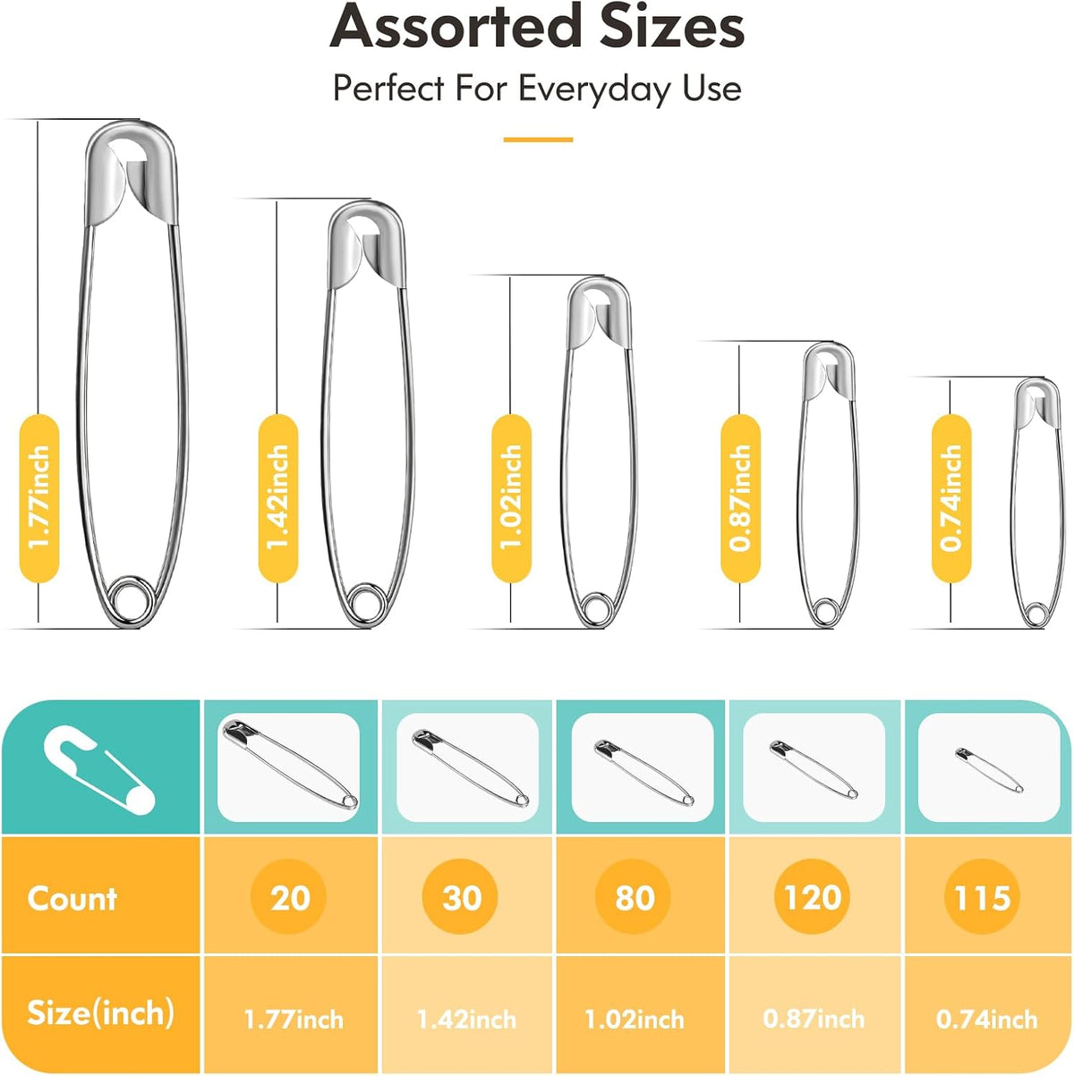 Huhuhero 365 Pack Silver Safety Pins Assorted, 5 Different Sizes Pin