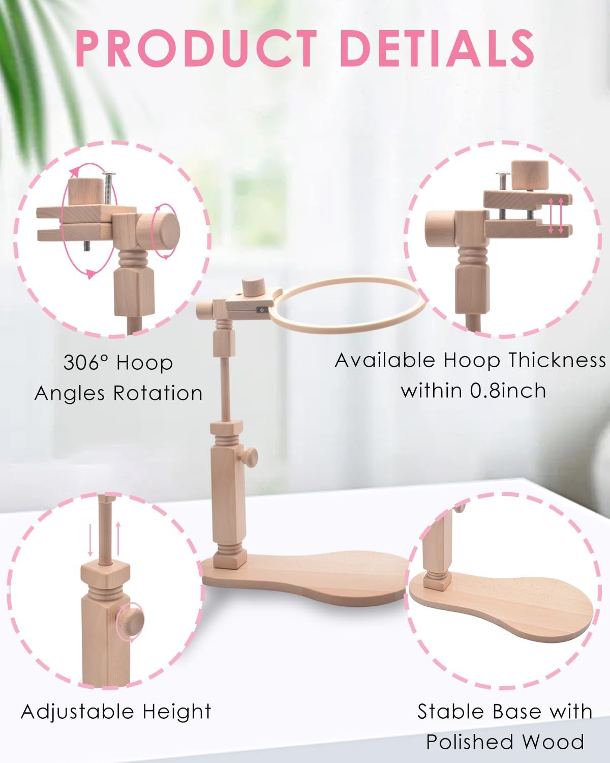 TINDTOP Beech Wood Embroidery Hoop Stand, with Hummingbird Embroidery