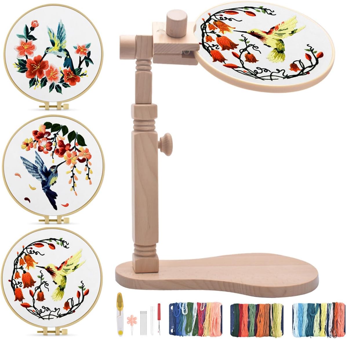 TINDTOP Beech Wood Embroidery Hoop Stand, with Hummingbird Embroidery