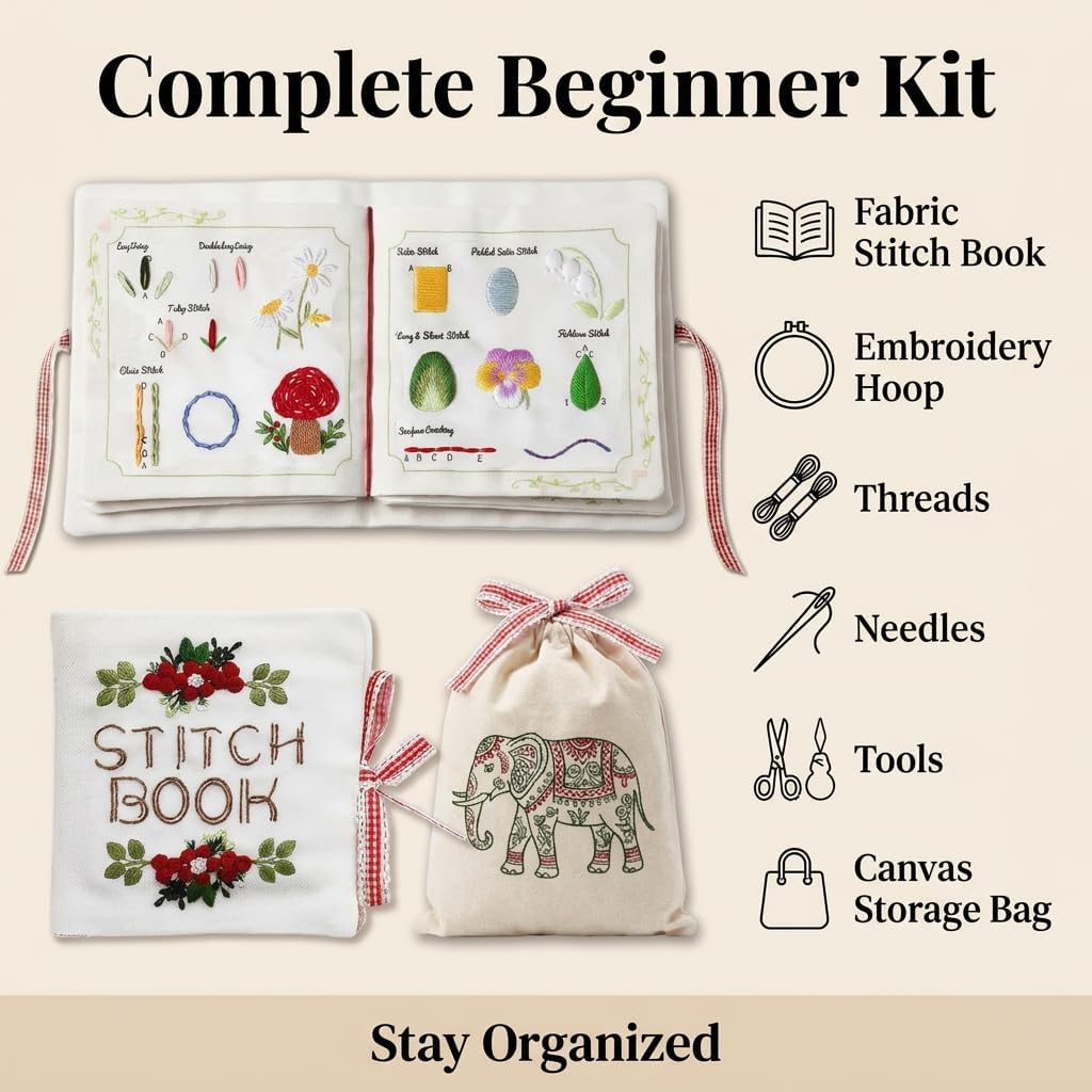 Embroidery Stitch Book Kit for Beginners, DIY Practice Book with