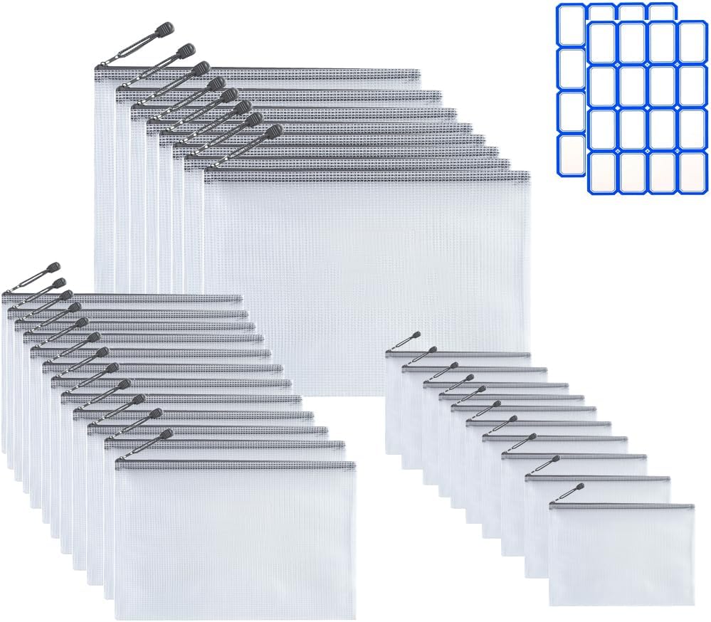 30pcs Large Mesh Zipper Clear Bags Waterproof Pouches Bags for Files