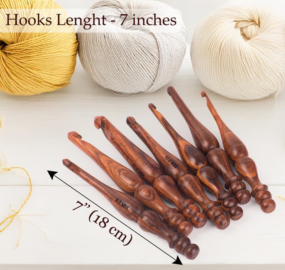 Wooden Large Crochet Hooks Set of 7 (6.5mm to 15mm) – Ergonomic Hooks