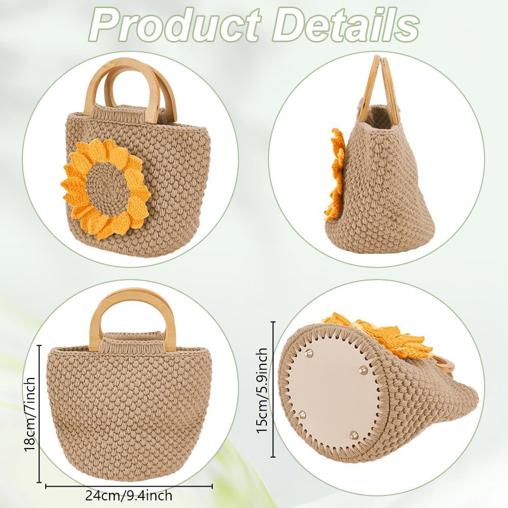 FREEBLOSS Crochet Sunflower Bag Set Wood Handle Sunflower Bag Crochet