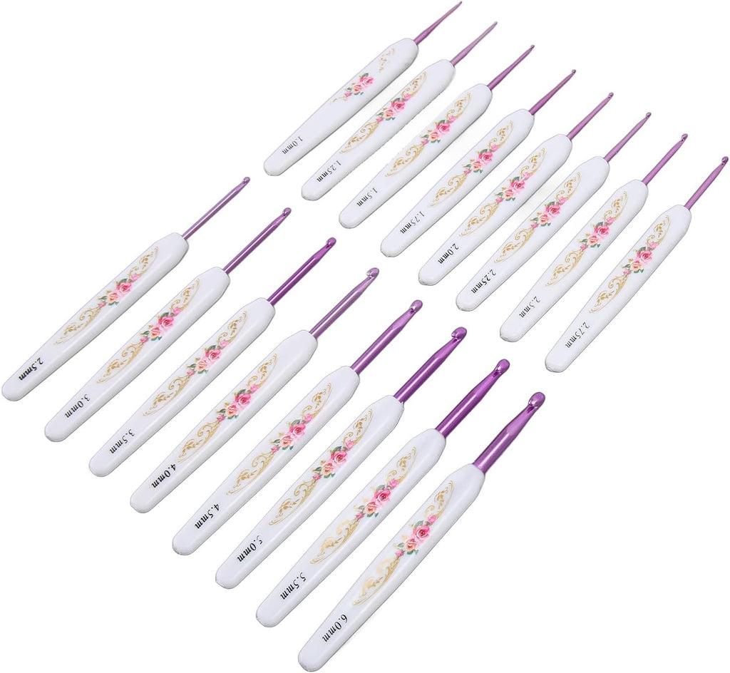 16pcs Ergonomic Crochet Hooks Set, Aluminum Needles with Comfort Grip
