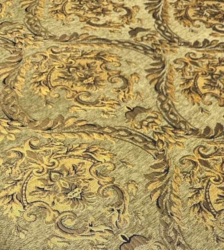 Luxury Chenille Upholstery Fabric by The Yard, Gold Olive Damask