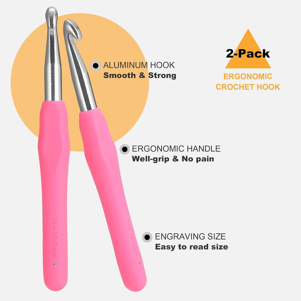 2Pcs 10mm Large Crochet Hooks, Ergonomic Crochet Hook for Arthritis