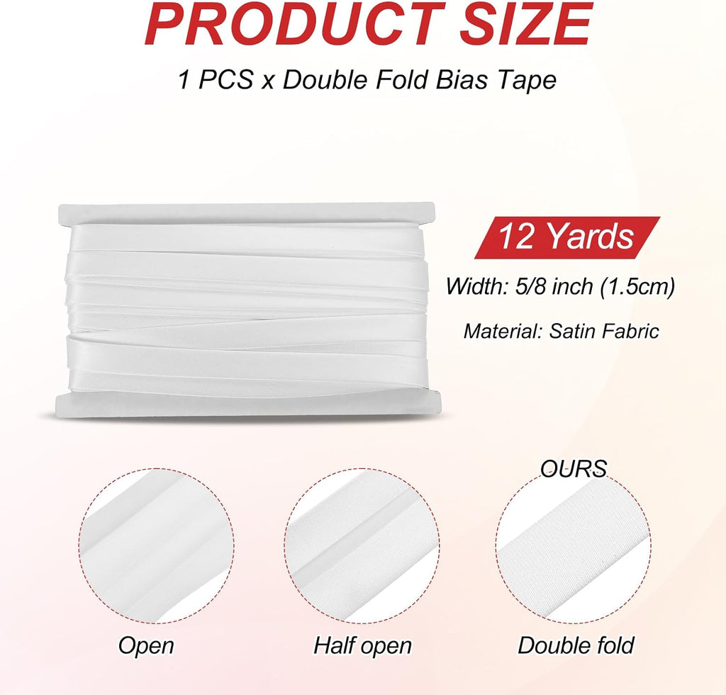 MECCANIXITY Double Fold Bias Tape 5/8" x 12yds Satin Tape White