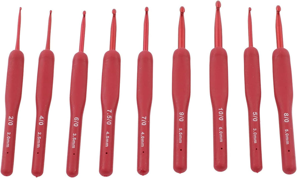 Rengue Crochet Hooks Set, 9 Pcs Red Aluminum Ergonomic Silicone Grip
