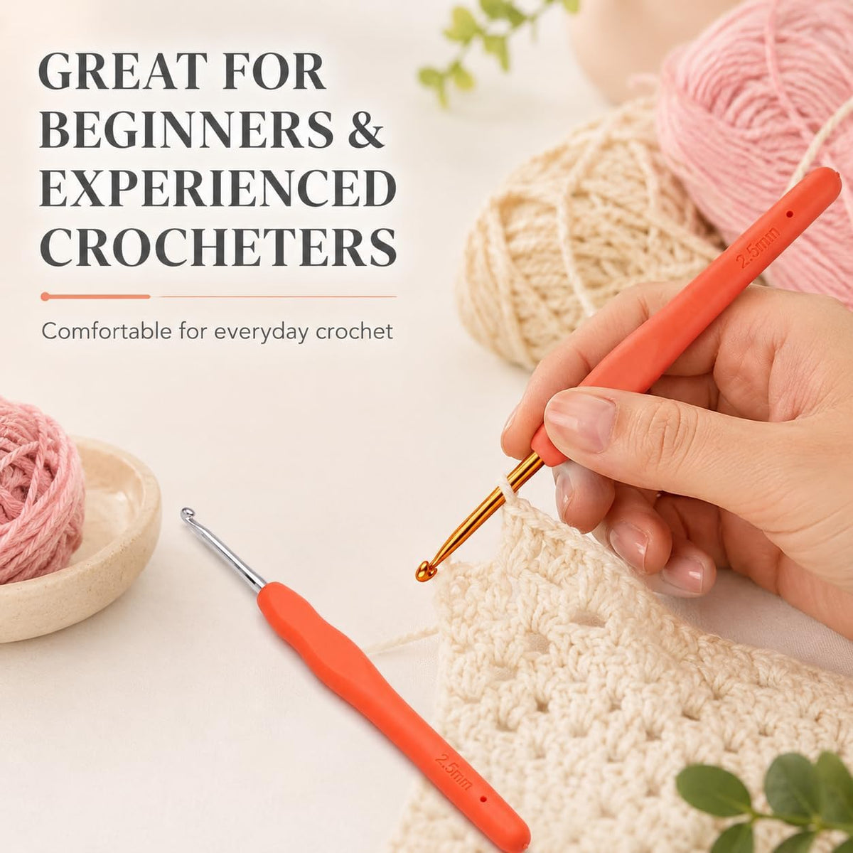 2-Pack 2.5mm Crochet Hooks, Ergonomic Soft Grip Knitting Needles for