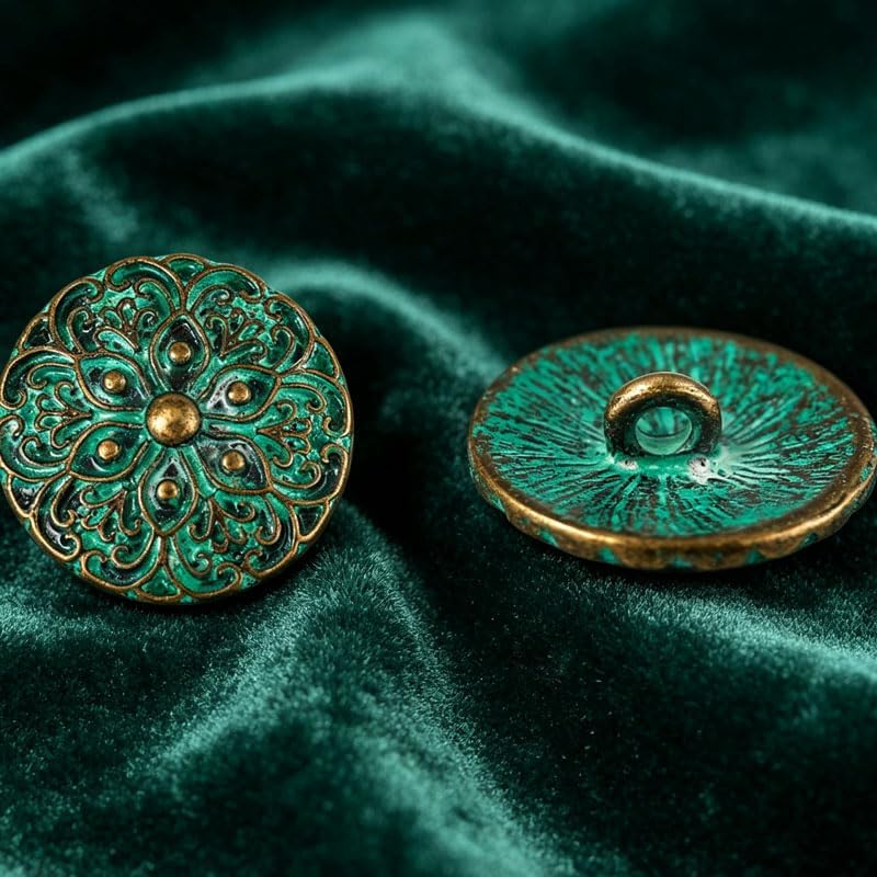 30Pcs Vintage‐Finish Metal Buttons,17.5mm Green Patina Floral‐Engraved