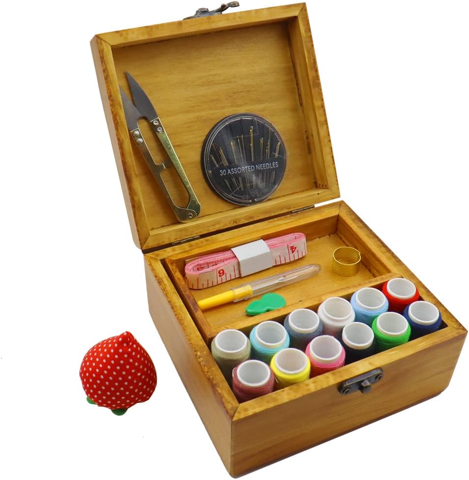 Flytreal Sewing Kit Small Box Basket, Wooden Hand Home Sewing Repair