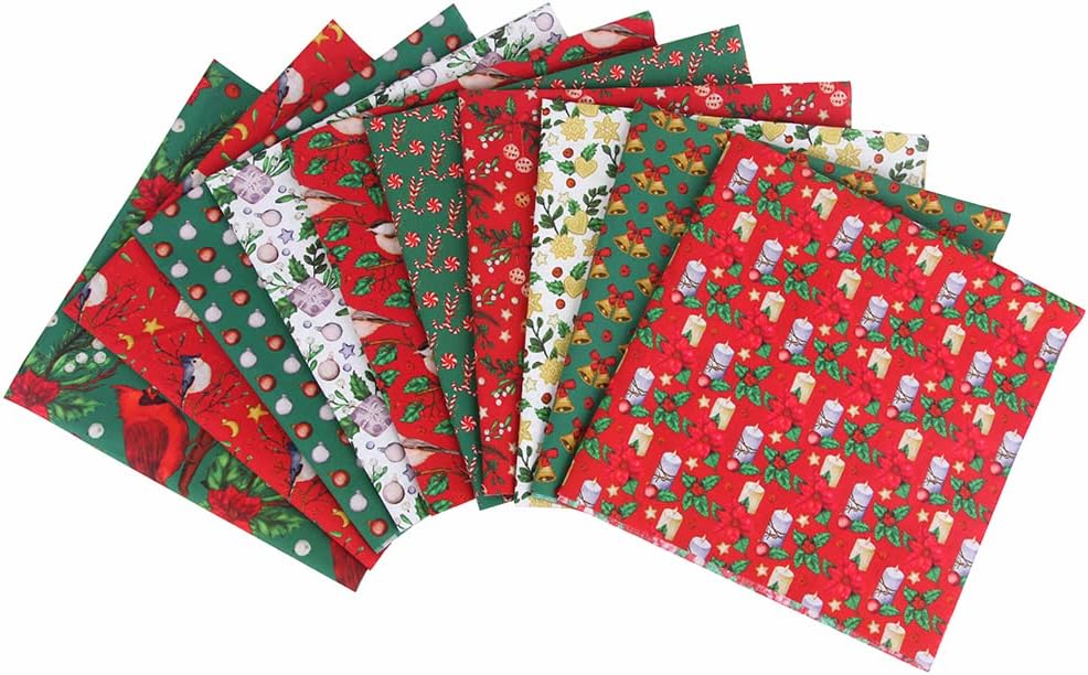 10PCS Christmas Cotton Fabric Bundles 20" x 20" Printed Fat Quarter