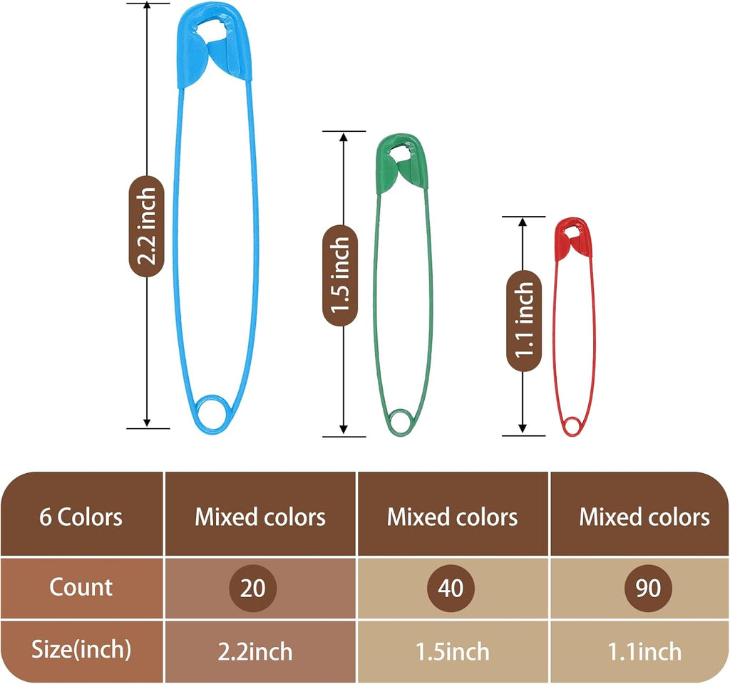 Safety Pins - 150 Pcs Assorted Sizes 6 Color Pins Bulk