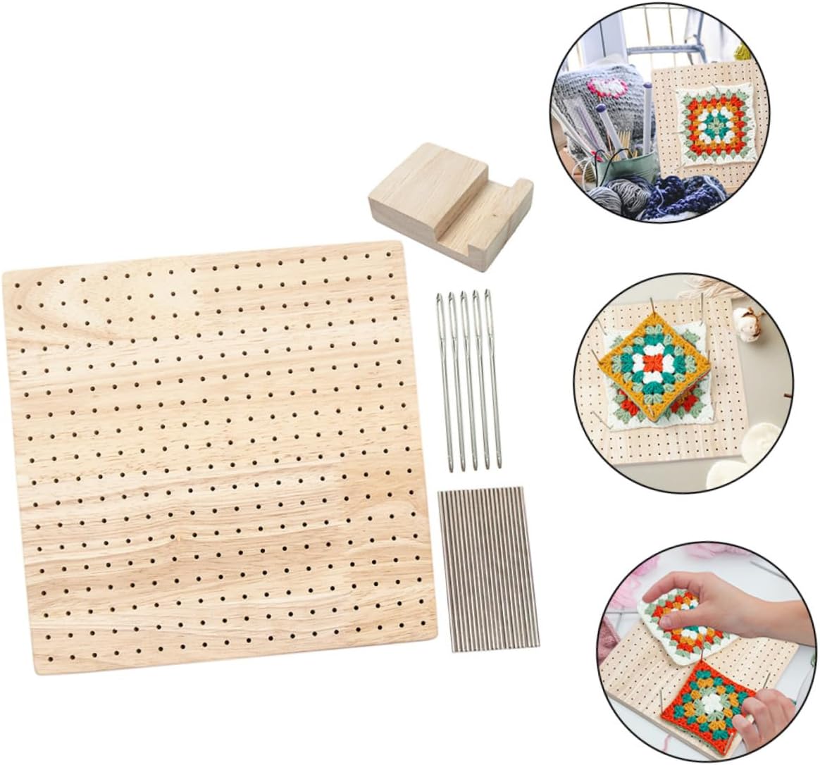 Square Crochet Blocking Board for Craft Lovers, Wooden Khaki Set