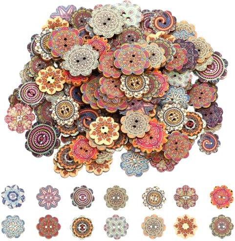 150 PCS Mixed Pattern Vintage Wood Buttons, Vintage Buttons with 2
