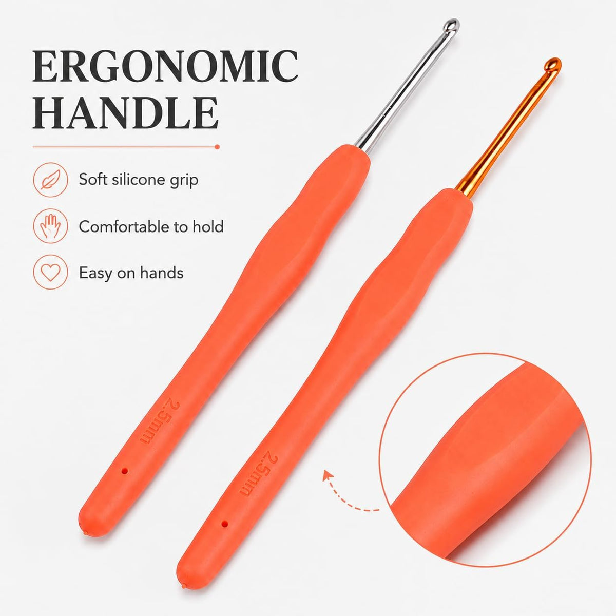 2-Pack 2.5mm Crochet Hooks, Ergonomic Soft Grip Knitting Needles for