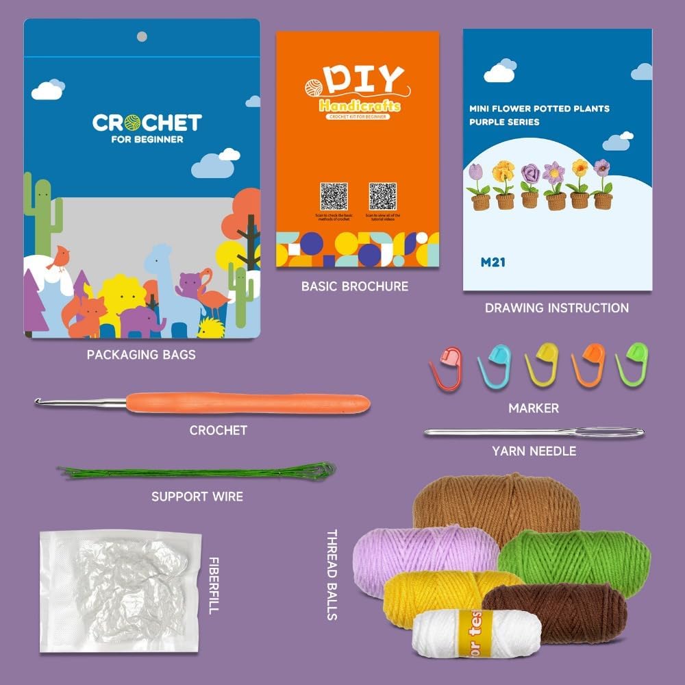 YYKSYDPT 6 PCS Flower Pot Plant Crochet Kit Crochet Kit for Beginners