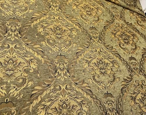 Luxury Chenille Upholstery Fabric by The Yard, Gold Olive Damask