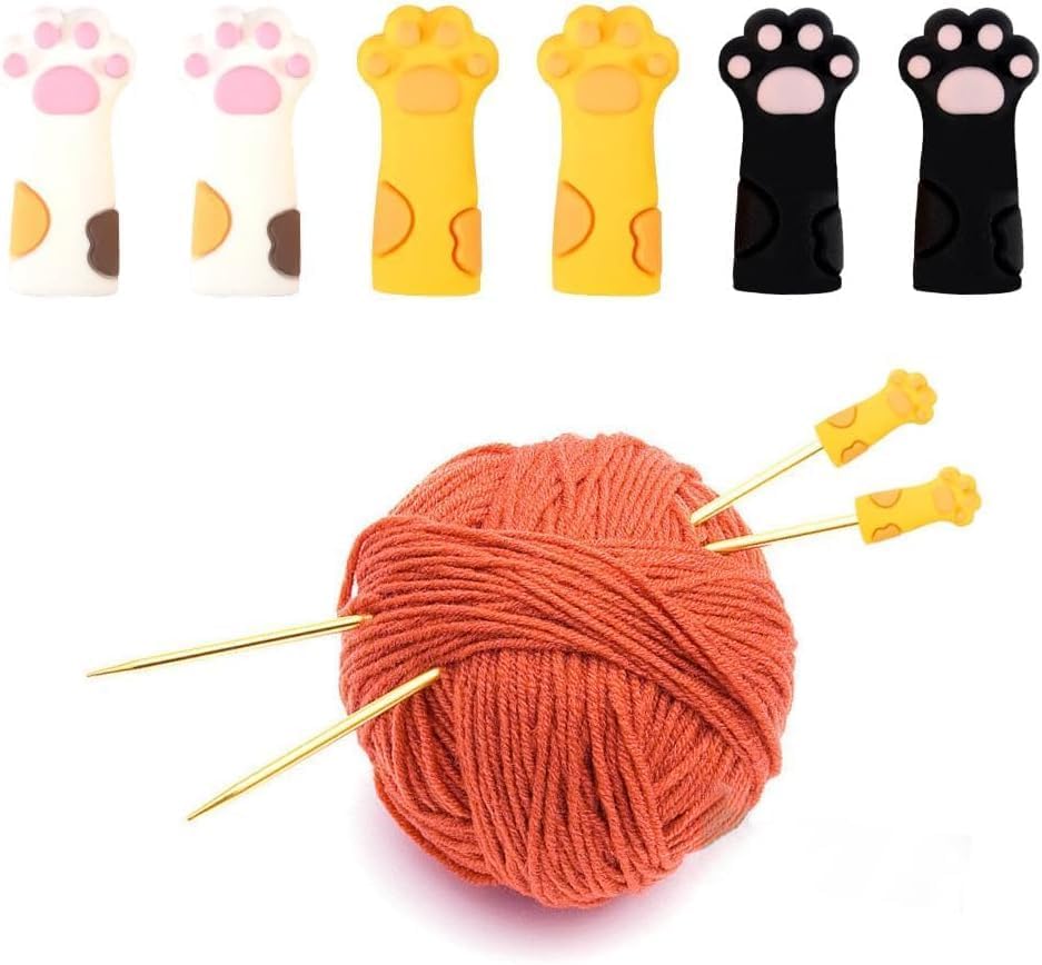 6Pcs Black Cat Paw Knitting Stitch Stoppers,Knitting Needle Tip Covers