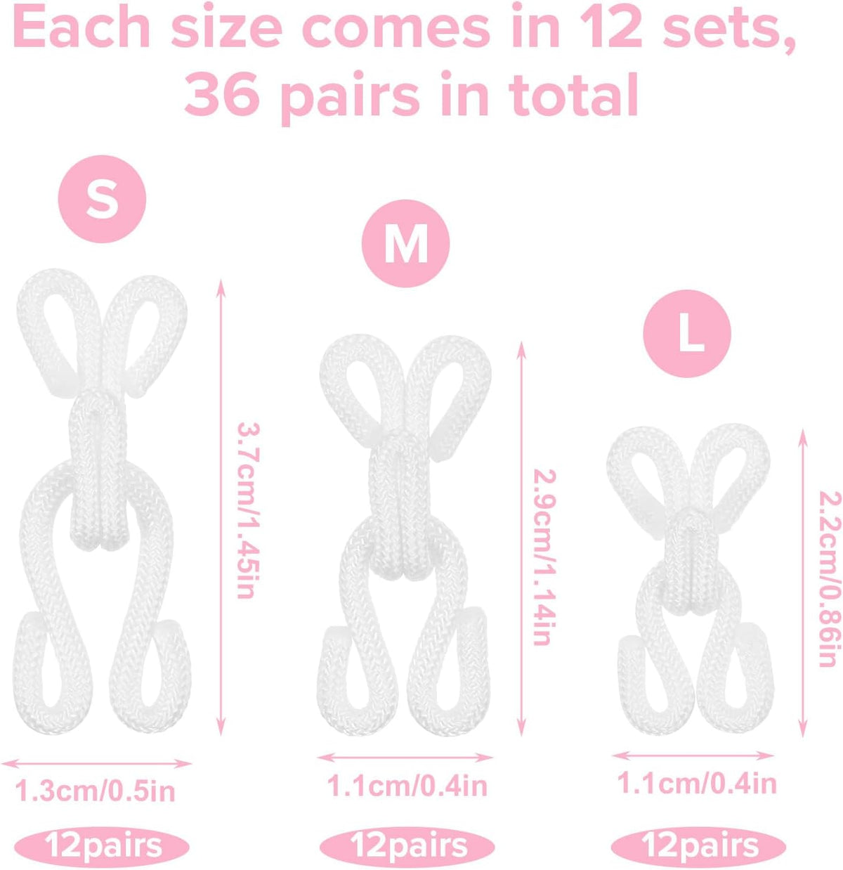 36 Pairs Sewing Hooks and Eyes Closure, 2.2/2.8/3.5cm White Metal Bra