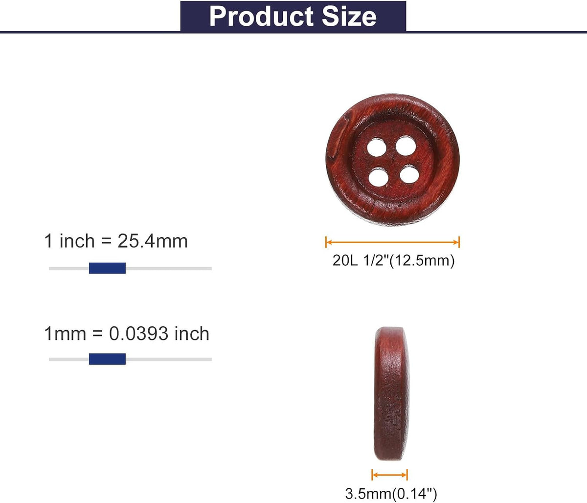HARFINGTON 10pcs 20L Wooden Sewing Button 1/2"(12.5mm) 4 Holes Wood