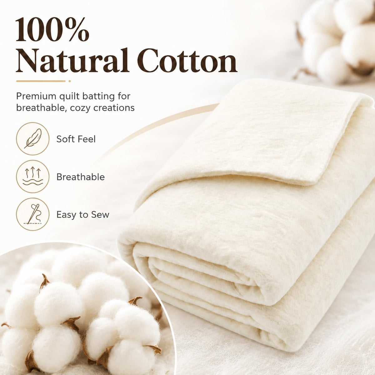 Natural Cotton Quilt Batting, 47"x59" Mid‐Weight (200 g/m2) Cotton