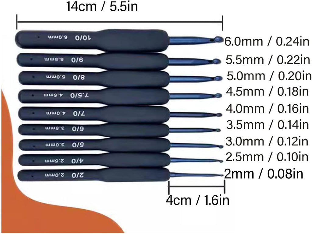 Soft Grip Crochet Hooks, 9pcs Blue Aluminum Ergonomic Knitting Set for