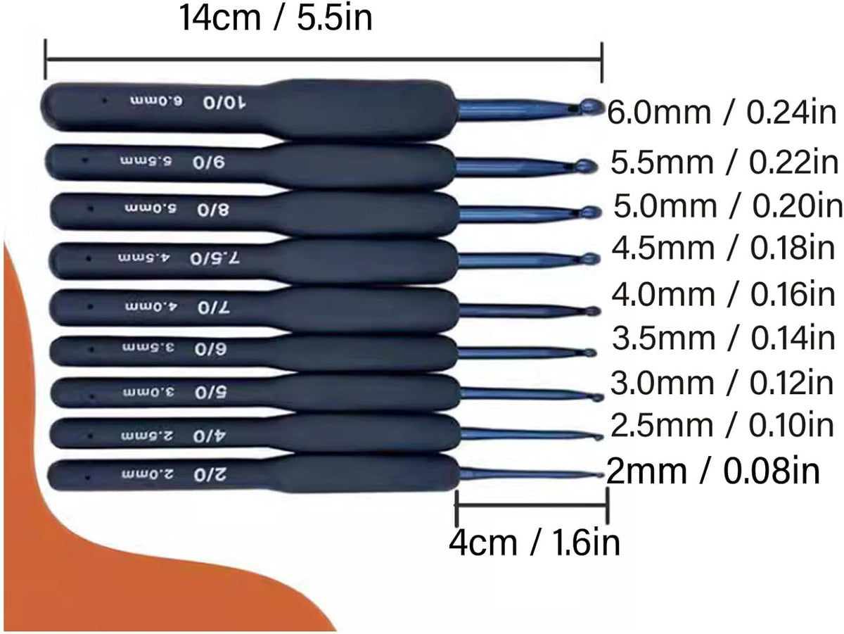 Soft Grip Crochet Hooks, 9pcs Blue Aluminum Ergonomic Knitting Set for