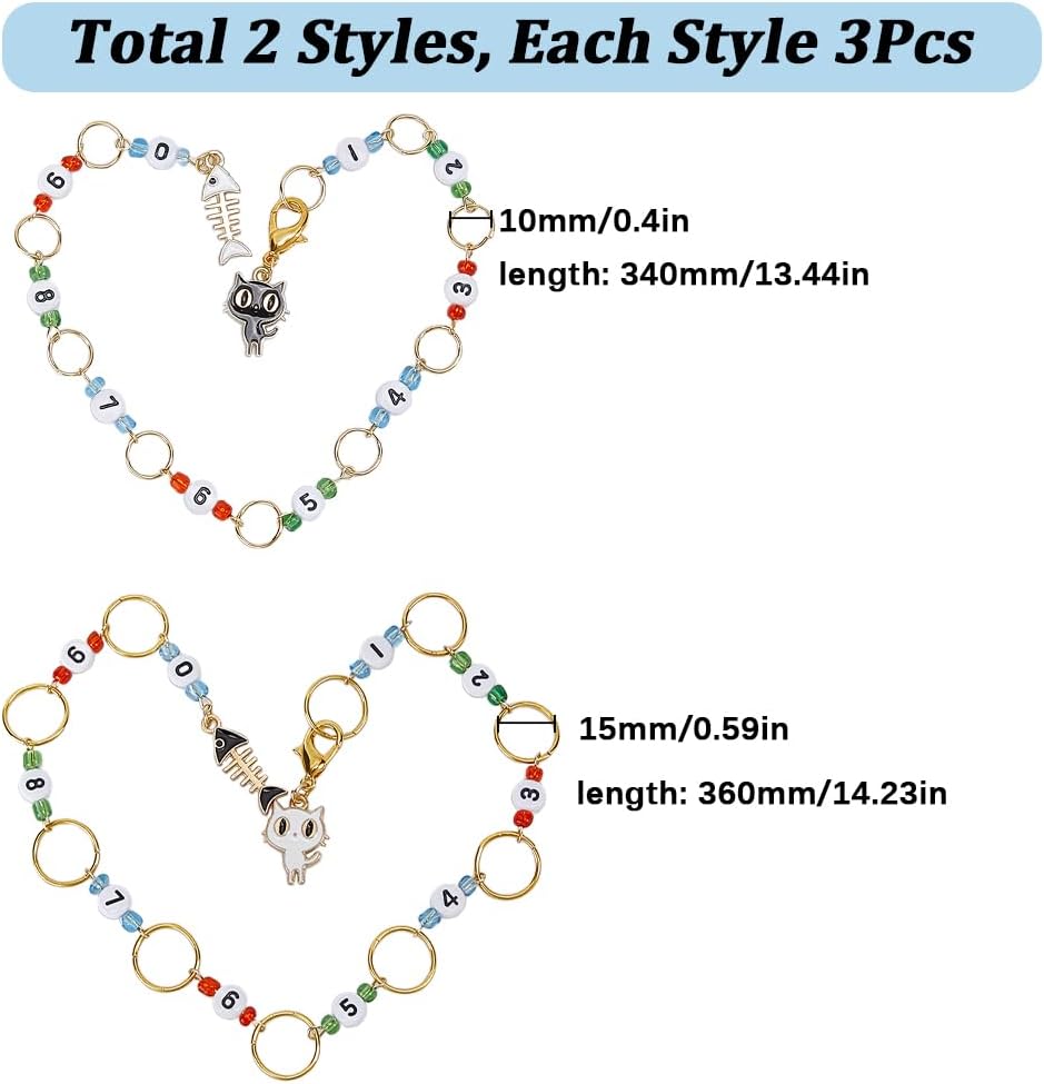 SUNNYCLUE 1 Box 6Pcs Knitting Row Counter Chains Number 0~9 Beads