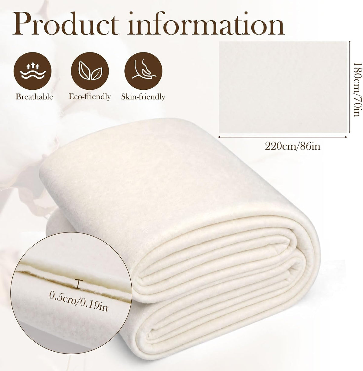 FTEVEN Natural Cotton Batting for Quilting 70" x 86" Quilt Batting