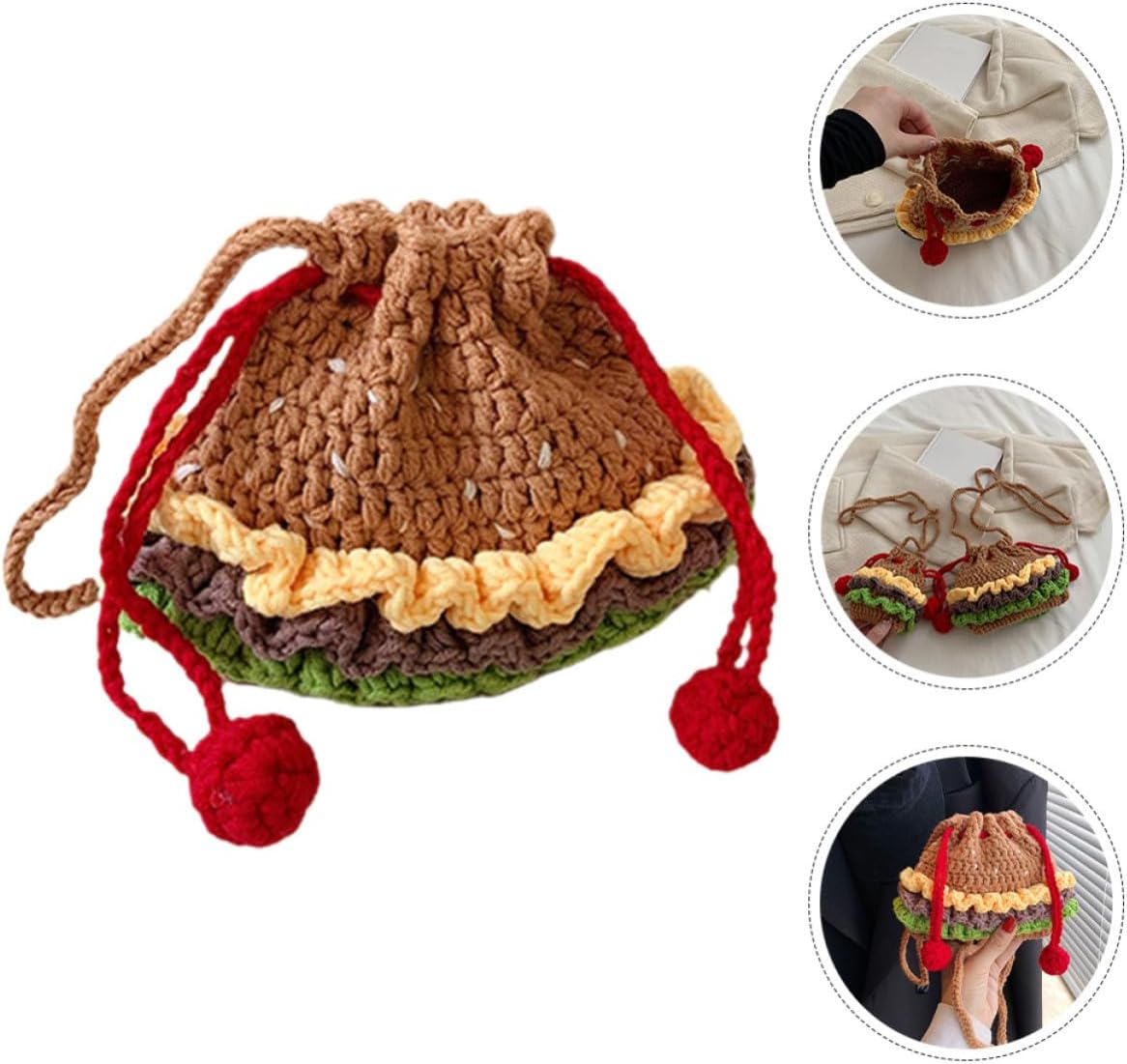 Handmade Knit Drawstring Crossbody Bag for Women and Students Travel