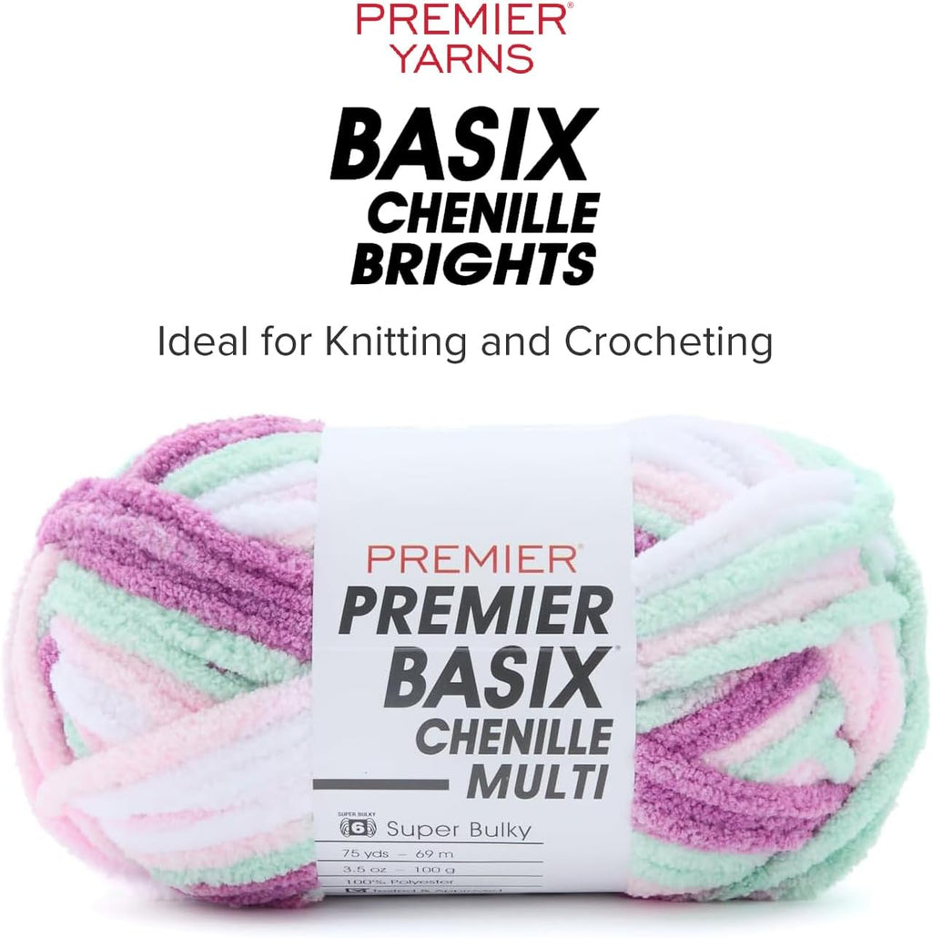 Premier Basix Chenille Brights Yarn, Plush Bulky Chenille Yarn for