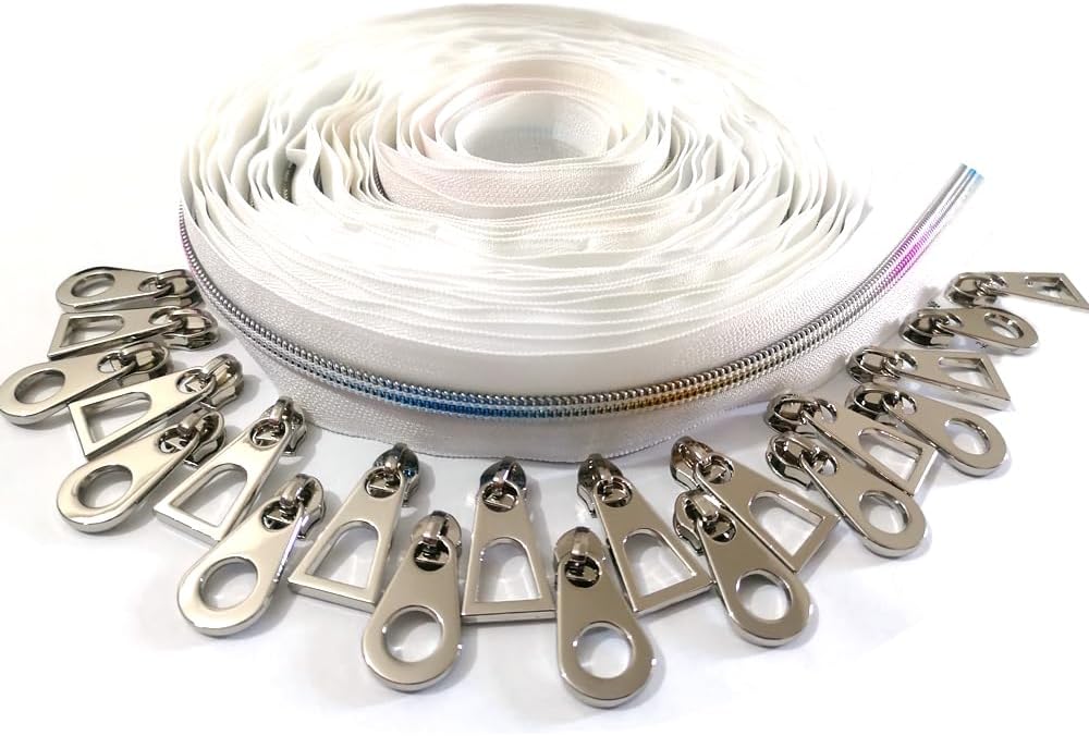 CYS Nylon Zippers by The Yard #5 10 Yards White Zipper Tape with 15Pcs