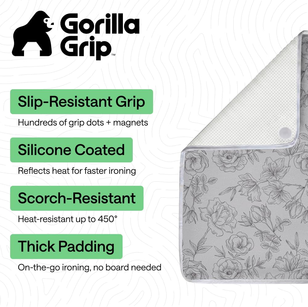 GORILLA GRIP Portable Cushioned Ironing Mat, 28x24, Gray Floral