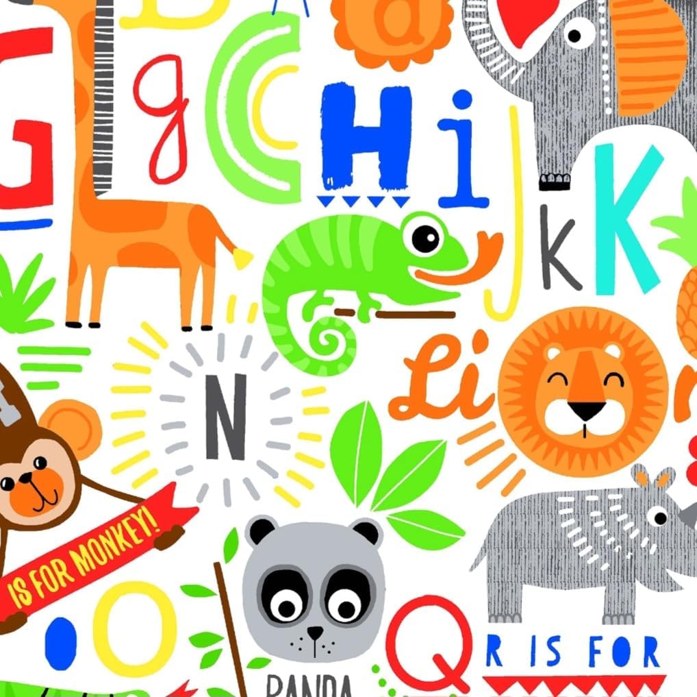 Alphabet and Safari Animals on White Comfy Cotton Flannel Fabric by